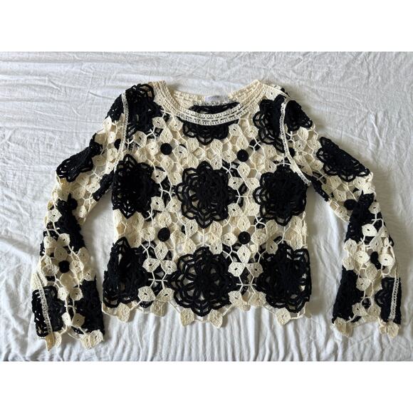 Black White Knit Crochet Size L Boho Cottage Overlay Dark Granny Whimsygoth - Picture 7 of 8